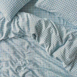 Warm Blue Gingham 100% Linen Duvet Cover