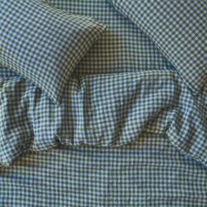 Fern Green & Dusk Blue Color Drenched Gingham 100% Linen Duvet Cover