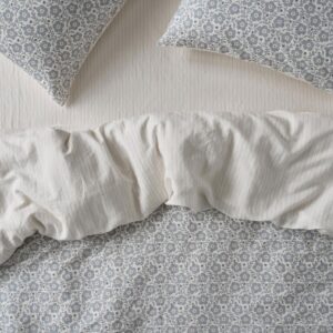 Dusk Blue Folk Floral Linen Blend Duvet Cover