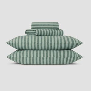 Pine Green Pembroke Stripe Linen Blend Sheet Set